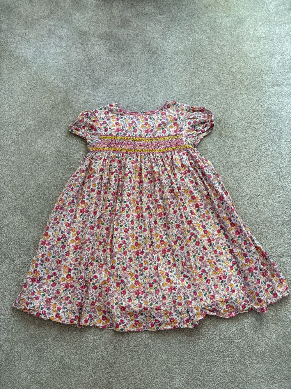 Mini Boden Pink and Yellow Floral Smocked Cotton Dress